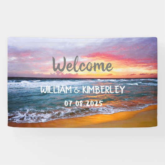 Tropical Beach Ocean Waves Sunset Elegante Hochzei Banner (Horizontal)