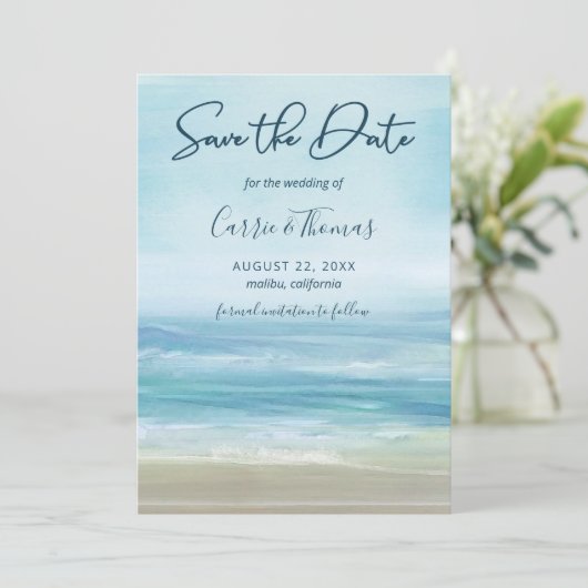 Tropical Beach Ocean Waves Wasserfarbe Save The Date (Stehend Vorderseite)