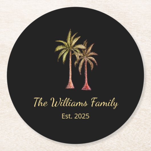 Tropical Beach Palm Bäume einfache Sommer Schwarz Runder Pappuntersetzer (Vorderseite)