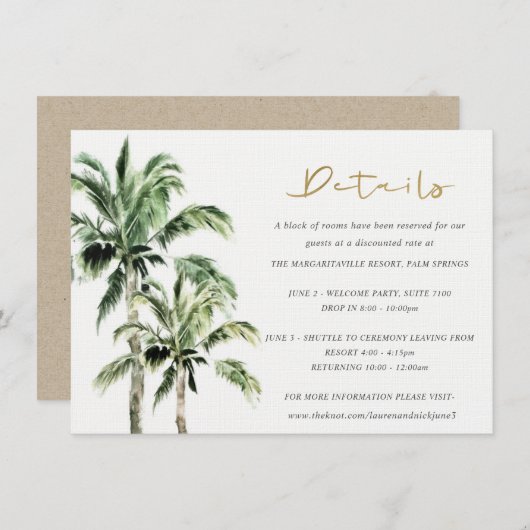 Tropical Beach Palm Bäume Rustikale Hochzeitsdetai Begleitkarte (Vorne/Hinten)