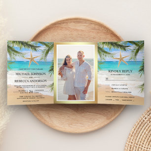 Tropical Beach Palm Blätter Starfish Foto Hochzeit Dreifach Gefaltete Einladung