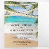 Tropical Beach Palm Blätter String Lights Wedding Dreifach Gefaltete Einladung (Innen Erste Seite)