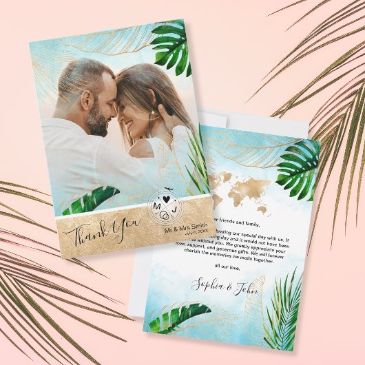 Tropical Beach Palm Foto Destination Wedding Dankeskarte