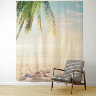 Tropical Beach Palm Seashells Wandteppich