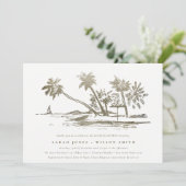 Tropical Beach Palm Sketch Gold Paare Dusche Einladung (Stehend Vorderseite)