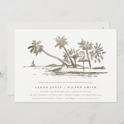 Tropical Beach Palm Sketch Gold Paare Dusche Einladung (Vorne/Hinten)