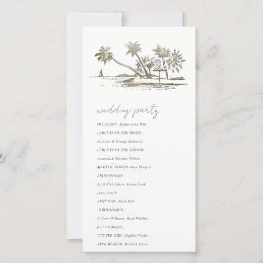 Tropical Beach Palm Sketch Gold Wedding Programm (Rückseite)