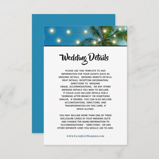 Tropical Beach Palm String Lights Hochzeiten Detai Begleitkarte (Vorne/Hinten)