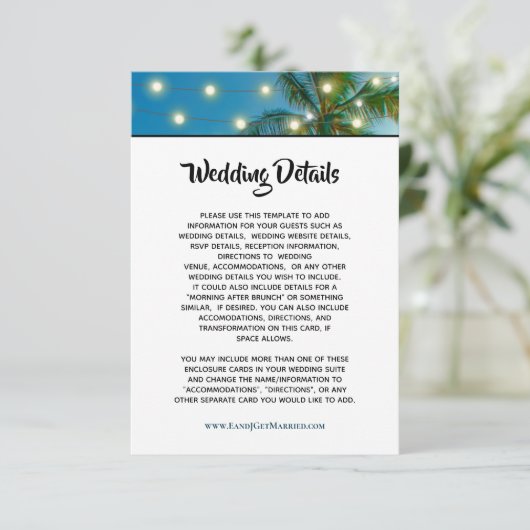 Tropical Beach Palm String Lights Hochzeiten Detai Begleitkarte (Stehend Vorderseite)