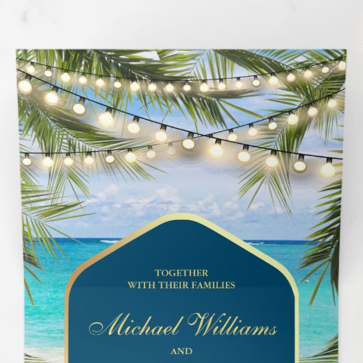 Tropical Beach Palm String Lights Lantern Wedding Dreifach Gefaltete Einladung (Innen Erste Seite)