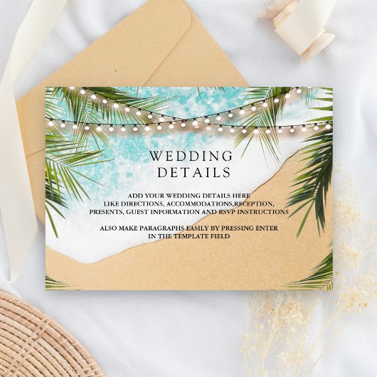 Tropical Beach Palm String Lights Wedding Details Begleitkarte