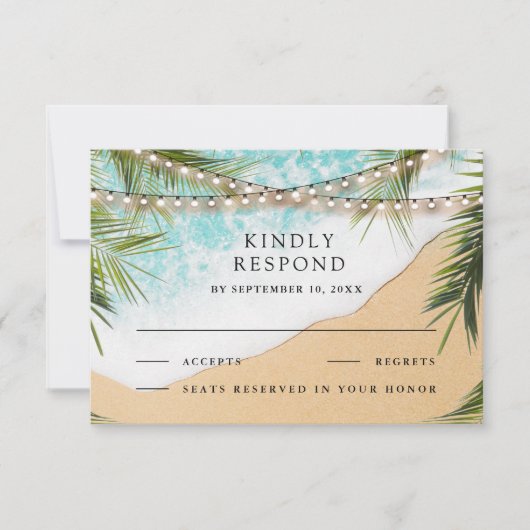 Tropical Beach Palm String Lights Wedding RSVP Karte (Vorderseite)