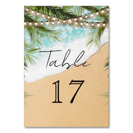 Tropical Beach Palm String Lights Wedding Tischnummer (Rückseite)