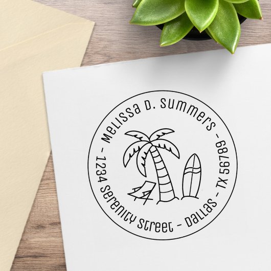 Tropical Beach Palm Surfboard Round Address Gummistempel