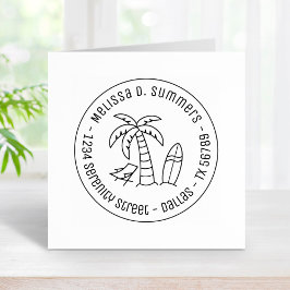 Tropical Beach Palm Surfboard Round Address Gummistempel