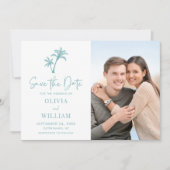Tropical Beach Palm Tree Aqua Blue Wedding Foto Save The Date (Vorderseite)