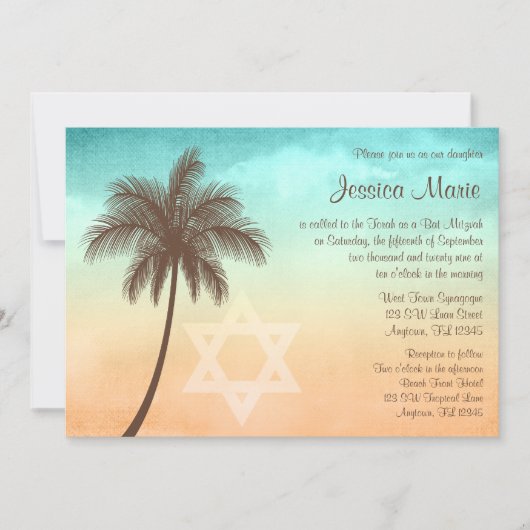 Tropical Beach Palm Tree Bat Mitzvah Einladungen (Vorderseite)