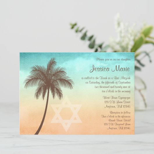 Tropical Beach Palm Tree Bat Mitzvah Einladungen (Stehend Vorderseite)