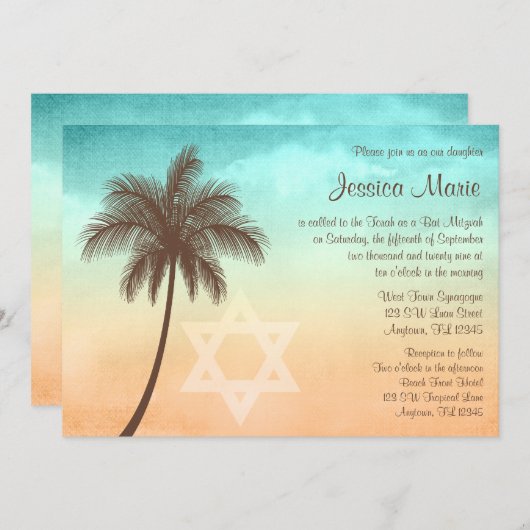 Tropical Beach Palm Tree Bat Mitzvah Einladungen (Vorne/Hinten)