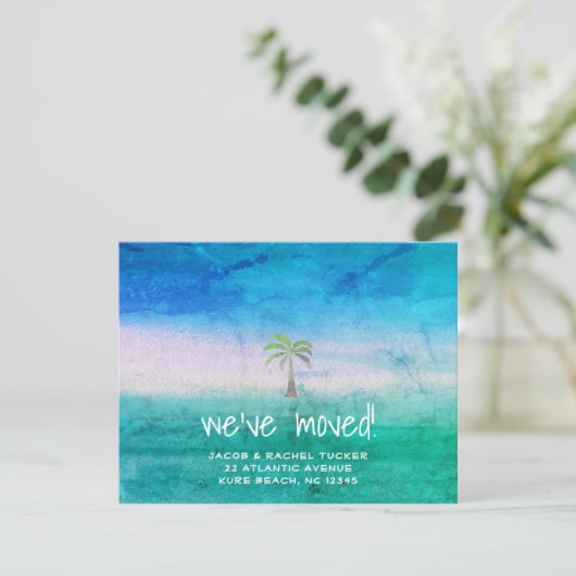 Tropical Beach Palm Tree Blue Green Moving Ankündigung (Stehend Vorderseite)
