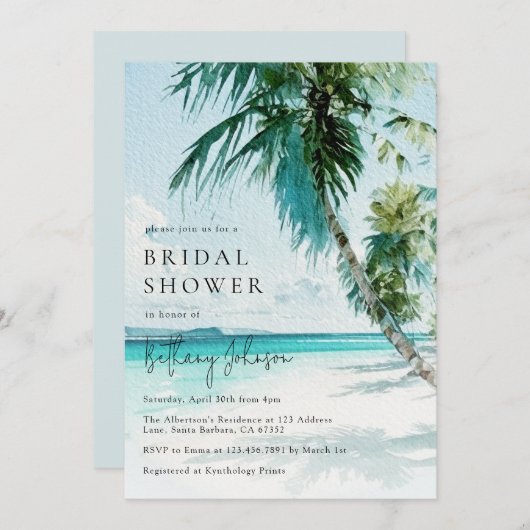 Tropical Beach Palm Tree Brautparty Einladung (Vorne/Hinten)