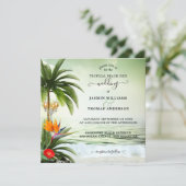 Tropical Beach Palm Tree Coastal Wedding Einladung (Stehend Vorderseite)