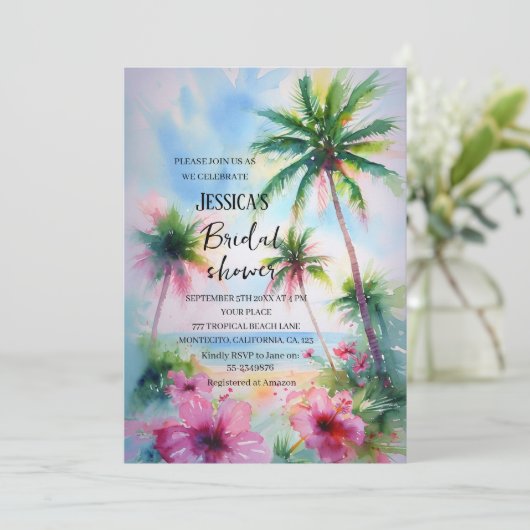 Tropical Beach Palm Tree Destination Brautparty Einladung (Stehend Vorderseite)