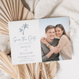 Tropical Beach Palm Tree Dusty Blue Wedding Foto Save The Date