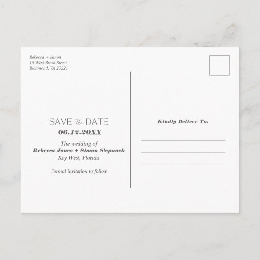 Tropical Beach Palm Tree Hochzeit speichern Sie da Ankündigungspostkarte (Rückseite)