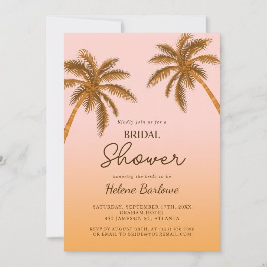 Tropical Beach Palm Tree Modernes Brautparty Einladung (Vorderseite)