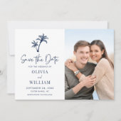 Tropical Beach Palm Tree Navy Blue Wedding Foto Save The Date (Vorderseite)