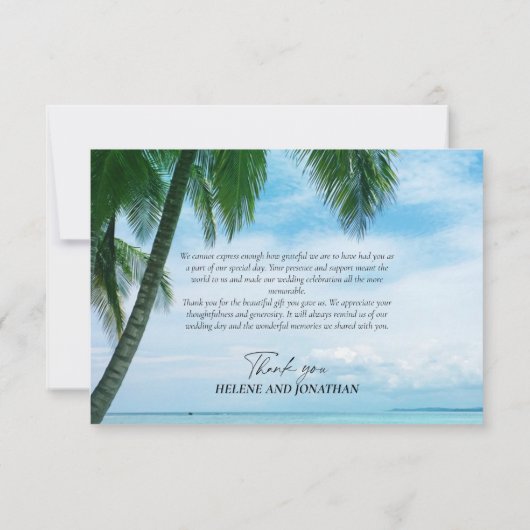 Tropical Beach Palm Tree Ocean Hochzeit in Urlaubs Dankeskarte (Rückseite)