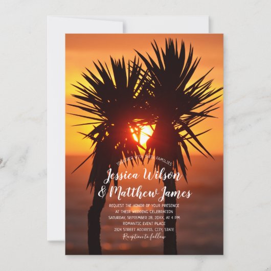 Tropical Beach Palm Tree Ocean Sunset Hochzeit Einladung (Vorderseite)