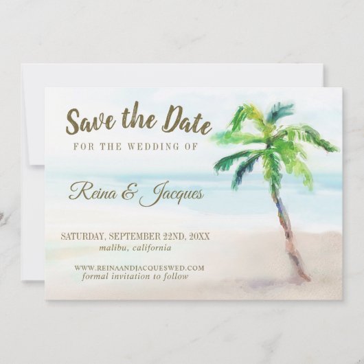 Tropical Beach Palm Tree Save the Date Hochzeit (Vorderseite)