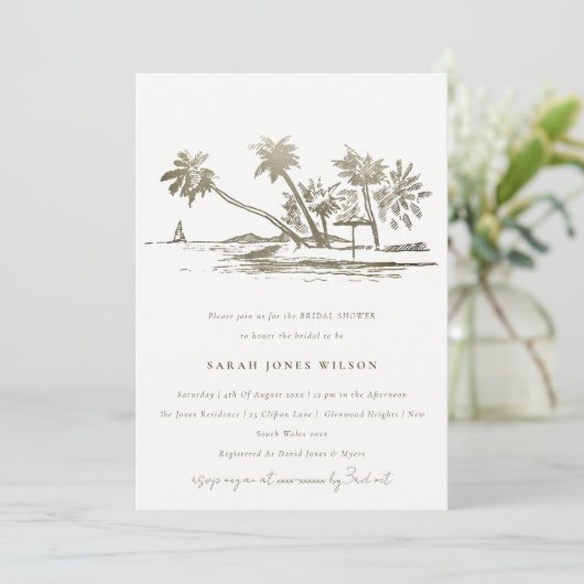 Tropical Beach Palm Tree Sketch Brautparty Einladung (Stehend Vorderseite)