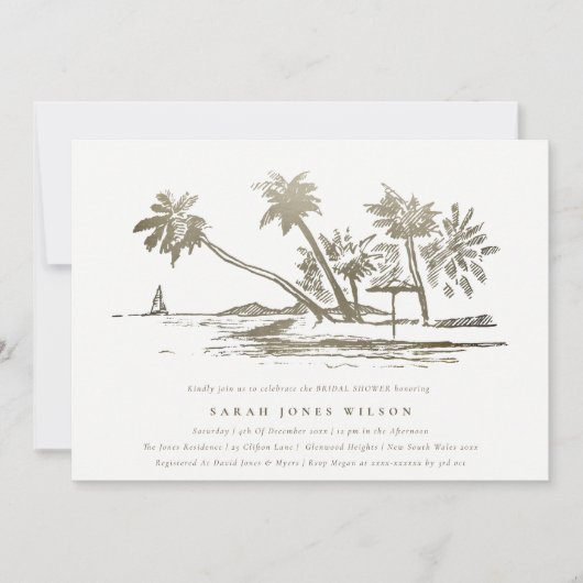 Tropical Beach Palm Tree Sketch Gold Brautparty Einladung (Vorderseite)