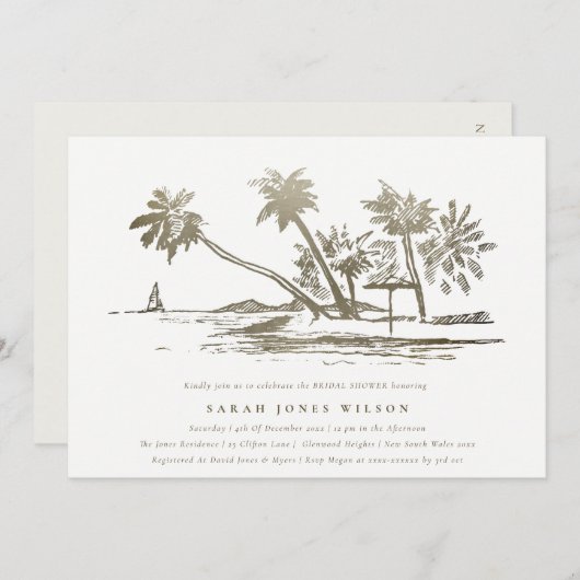 Tropical Beach Palm Tree Sketch Gold Brautparty Einladung (Vorne/Hinten)