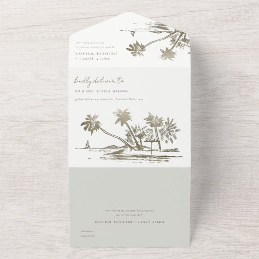 Tropical Beach Palm Tree Sketch Pale Gold Hochzeit All In One Einladung (Außenbereich)