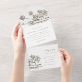 Tropical Beach Palm Tree Sketch Pale Gold Hochzeit All In One Einladung (Abreißen)