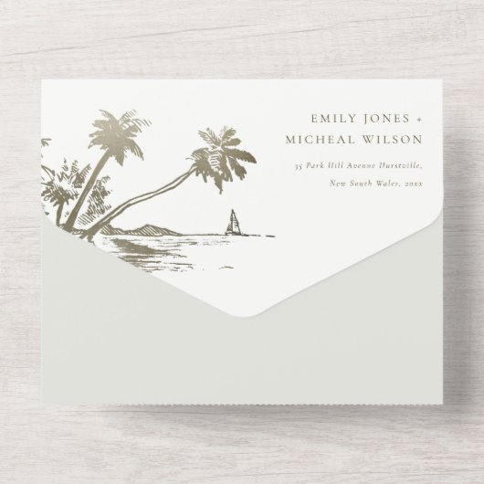 Tropical Beach Palm Tree Sketch Pale Gold Hochzeit All In One Einladung (Rückseite)