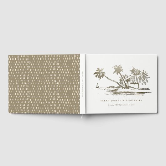 Tropical Beach Palm Tree Sketch Pale Gold Hochzeit Gästebuch (Voll)