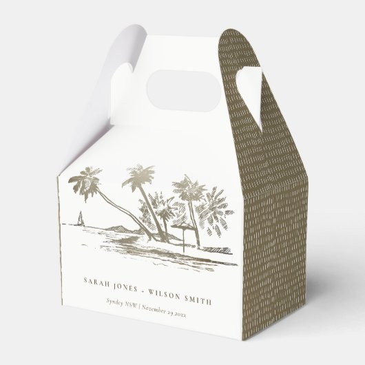 Tropical Beach Palm Tree Sketch Pale Gold Hochzeit Geschenkschachtel (Vorderseite)