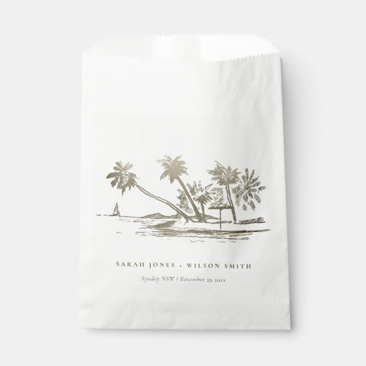Tropical Beach Palm Tree Sketch Pale Gold Hochzeit Geschenktütchen (Vorderseite)