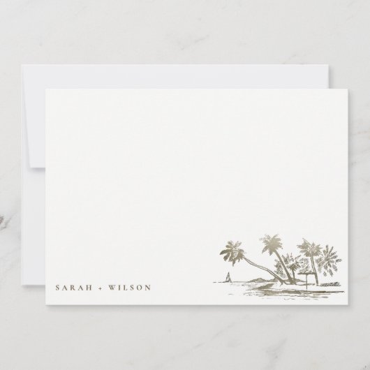 Tropical Beach Palm Tree Sketch Pale Gold Hochzeit Mitteilungskarte (Vorderseite)