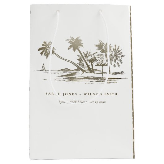 Tropical Beach Palm Tree Sketch Pale Gold Hochzeit Mittlere Geschenktüte (Vorderseite)
