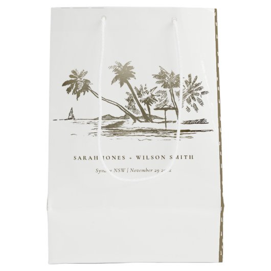 Tropical Beach Palm Tree Sketch Pale Gold Hochzeit Mittlere Geschenktüte (Rückseite)