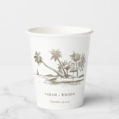 Tropical Beach Palm Tree Sketch Pale Gold Hochzeit Pappbecher (Rückseite)
