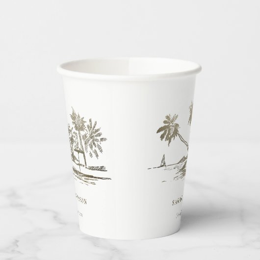 Tropical Beach Palm Tree Sketch Pale Gold Hochzeit Pappbecher (Links)
