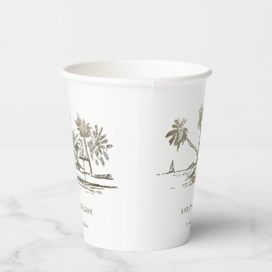 Tropical Beach Palm Tree Sketch Pale Gold Hochzeit Pappbecher (Rechts)