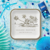 Tropical Beach Palm Tree Sketch Pale Gold Hochzeit Pappteller (Party)